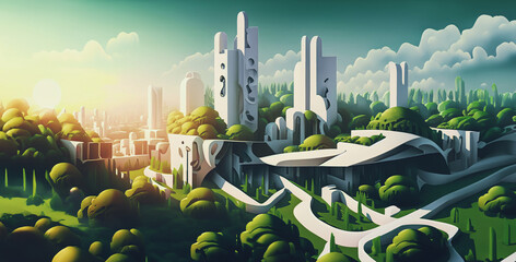  illustrazione di immaginaria, utopica città futuristica, alti edifici bianchi immersi nel verde, passaggi, laghetti, percorsi, cielo al tramonto - obrazy, fototapety, plakaty