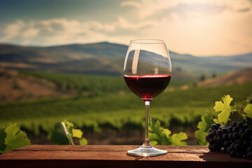 Red wine with a barrel on the background of a vineyard. AI generation - obrazy, fototapety, plakaty