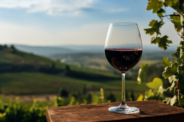 Red wine with a barrel on the background of a vineyard. AI generation - obrazy, fototapety, plakaty