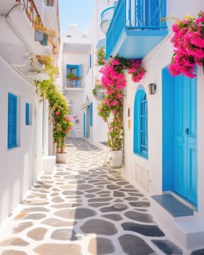 Fototapeta narrow street in a greek village with white houses and blue shutters - created using generative AI tools