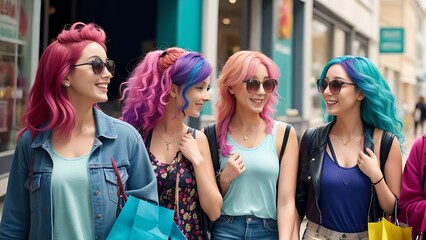 Female Friends Shopping Together Colorful Hair and Joyful Moments in 8K Resolution 
