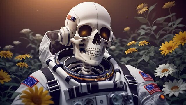 Undead astronaut in a spacesuit with flowers, surrealistic animation. Forgotten person, skeleton in spacesuit illustrations, transformations and metamorphose. AI generated video