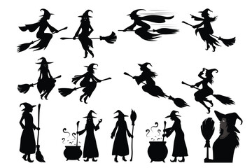 Fototapeta na wymiar Set of witch silhouette on white background