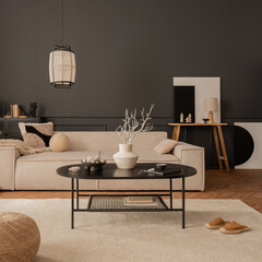 Elegant living room interior with mock up poster frame, modular sofa, black coffee table, rug,...