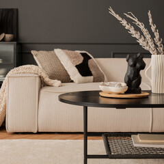Living room interior with beige modular sofa, black coffee table, rug, pillows, plaid, vase with...