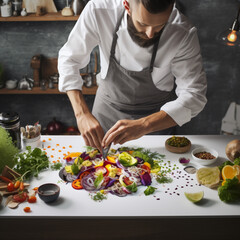 chef preparing food dinner vegetable salad generative AI photo