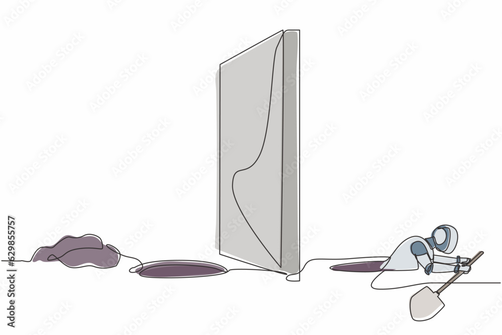 Poster continuous one line drawing robot digging tunnel under wall or obstacle on border or on path to succ
