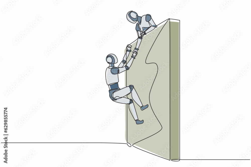 Poster single continuous line drawing robot helping another robot climb wall. modern robotic artificial int