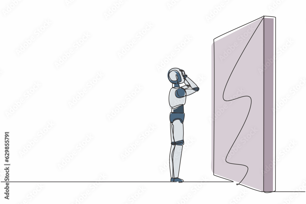 Poster single one line drawing robot standing and confused in front of huge brick wall barriers. future tec