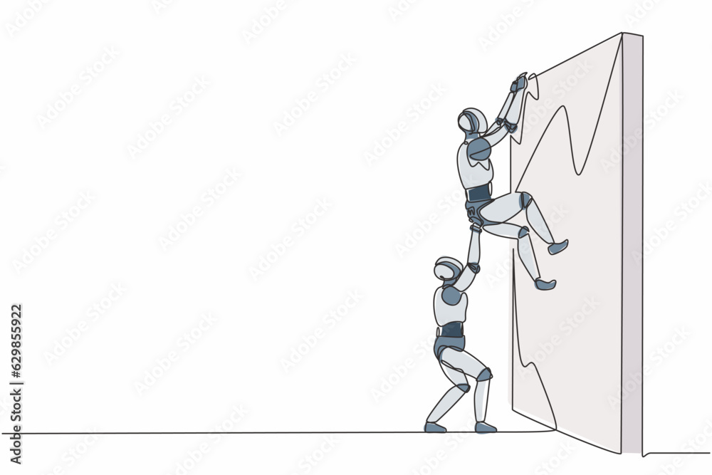 Poster single continuous line drawing robot helping another robot climb wall. modern robotic artificial int