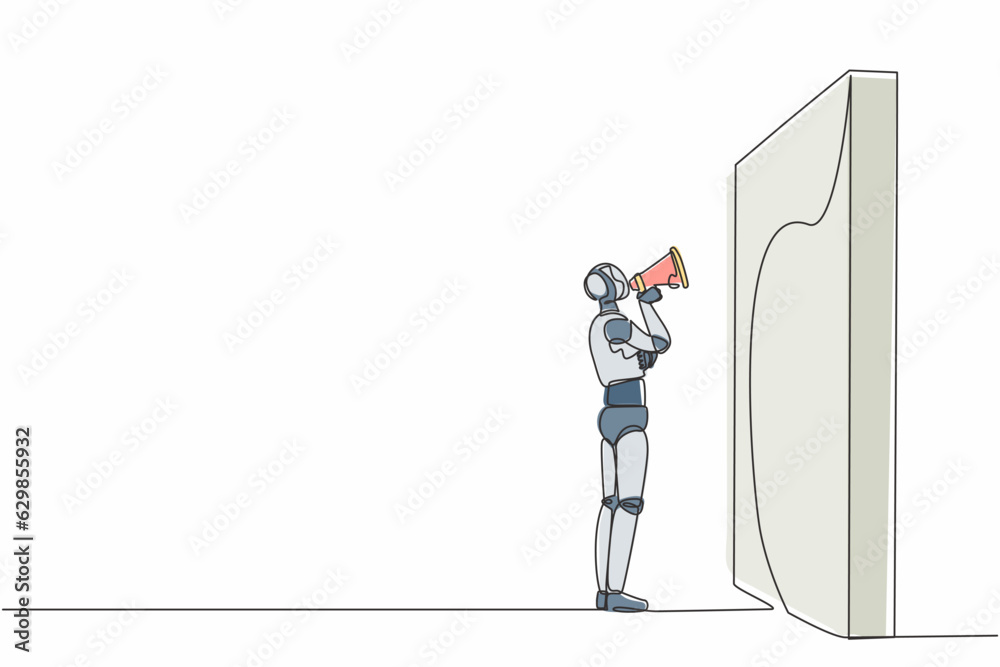 Poster continuous one line drawing robot holding megaphone standing and shouts in front of wall. humanoid r