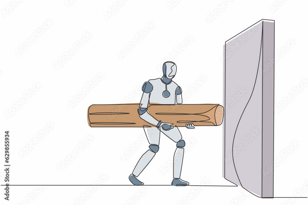 Poster single one line drawing robot holding large log to destroying wall. future technology development. a