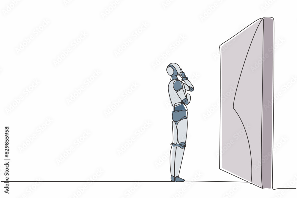 Wall mural single continuous line drawing robot thinking in front of big obstacle or wall. modern robotic artif