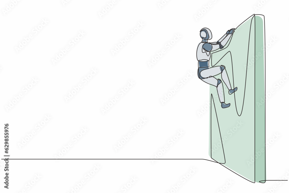 Poster single one line drawing robot climb the obstacle wall, solve the problem. future technology developm