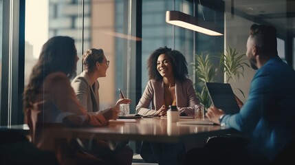 A group of business colleagues standing, having a meeting together in a bright, modern office environment,ai generate