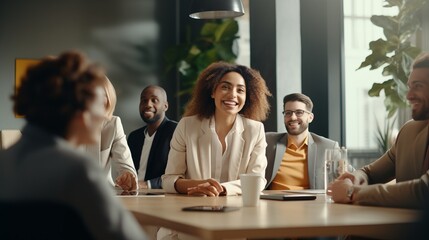 Fototapeta premium A group of business colleagues standing, having a meeting together in a bright, modern office environment,ai generate