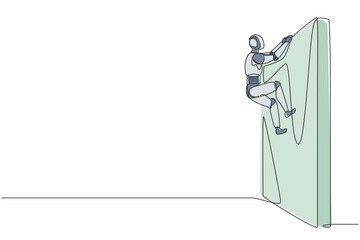Single one line drawing robot climb the obstacle wall, solve the problem. Future technology development. Artificial intelligence and machine learning. Continuous line draw design vector illustration