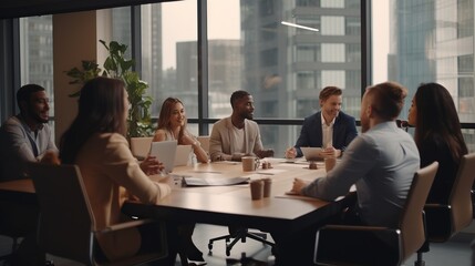 businessman sharing ideas with colleagues at workplace. Confident male professional is discussing with coworkers. They are wearing smart casuals in creative office,ai generate