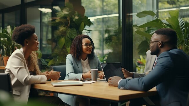 businessman sharing ideas with colleagues at workplace. Confident male professional is discussing with coworkers. They are wearing smart casuals in creative office,ai generate