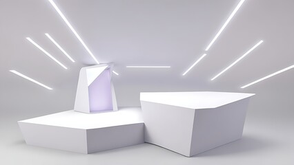 Dynamic Black and White 3D Podiums with Neon Light for Product Presentation 8k
