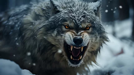Foto op Canvas portrait of a furious wolf at snow © Renato
