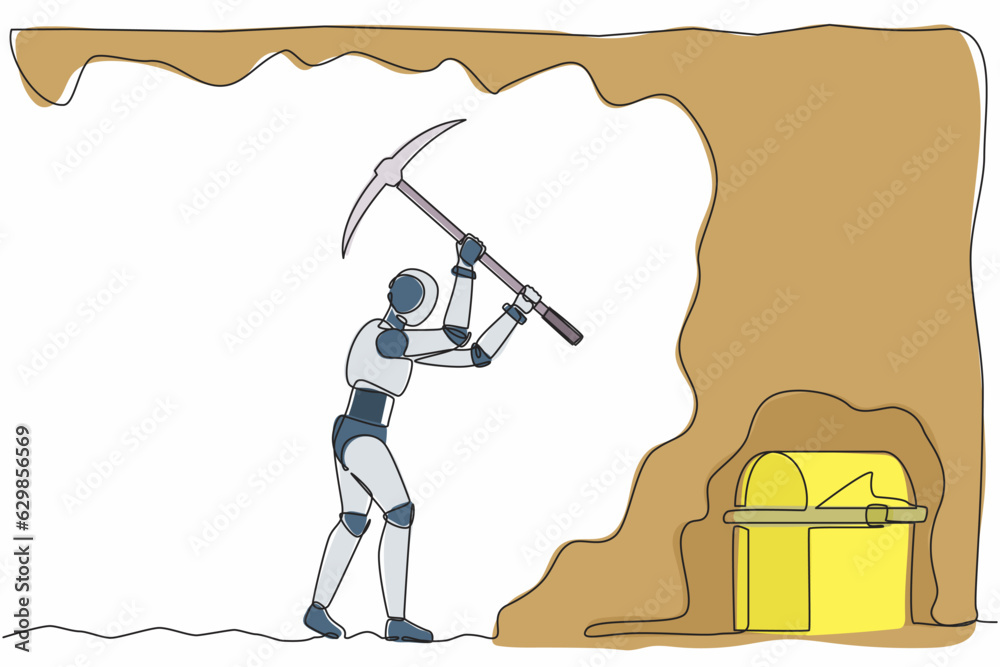Poster single one line drawing robot digging with pickaxe looking for hidden treasures. future technology. 