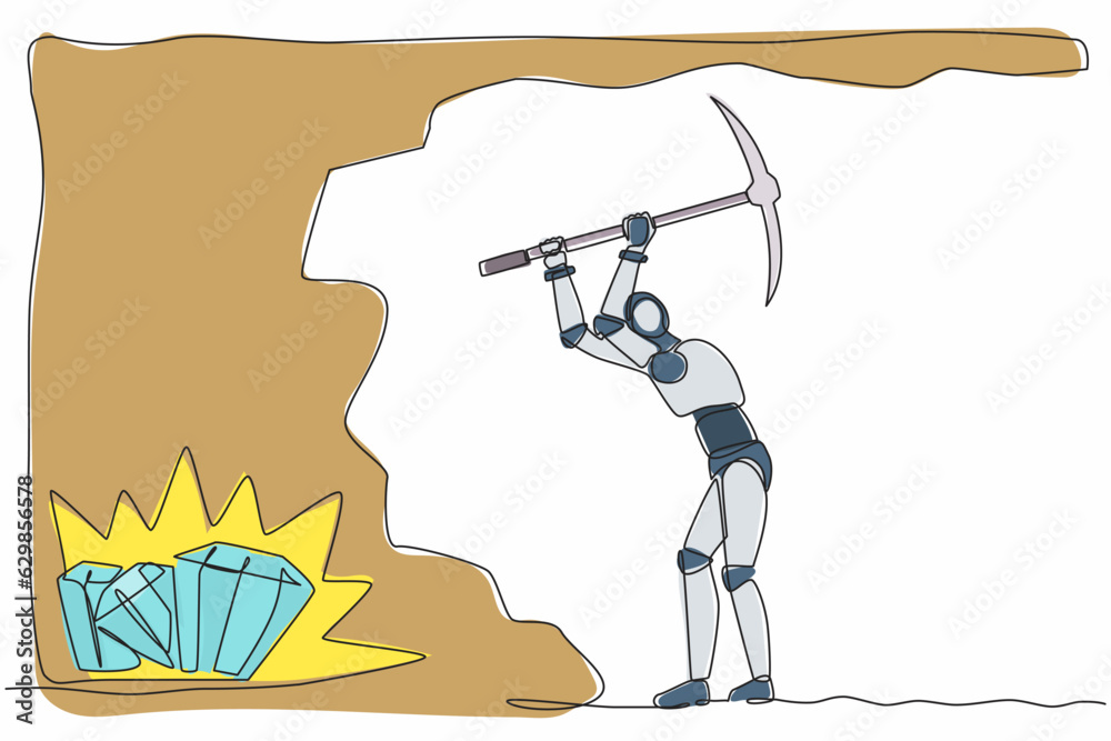 Poster continuous one line drawing robot digging with pickaxe to get diamond. humanoid robot cybernetic org