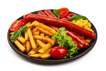 Roasted sausages with french fries, close-up, isolated on white background.