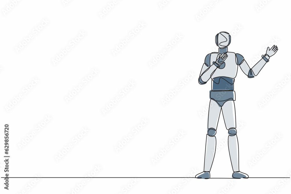 Poster single continuous line drawing robot pointing away hands together and showing or presenting somethin