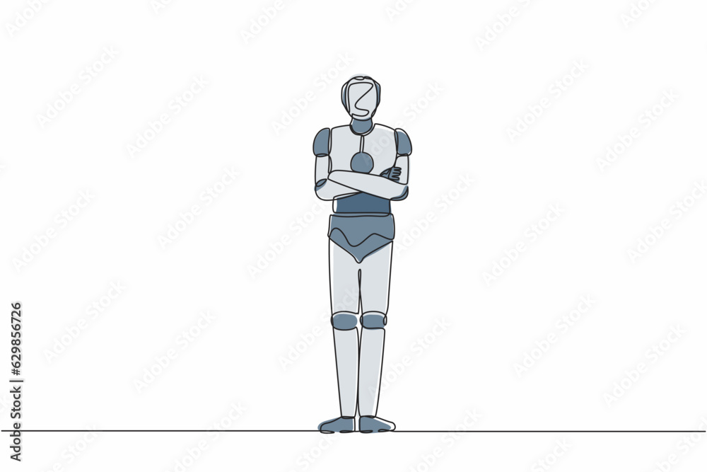 Poster single one line drawing robot standing with folded arms pose. future technology development. artific