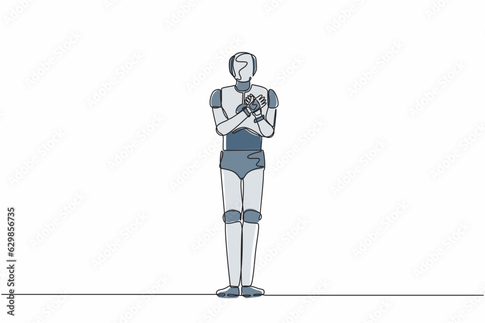 Poster single continuous line drawing robot keeping hands on chest. robot suffering from chest pain or hear