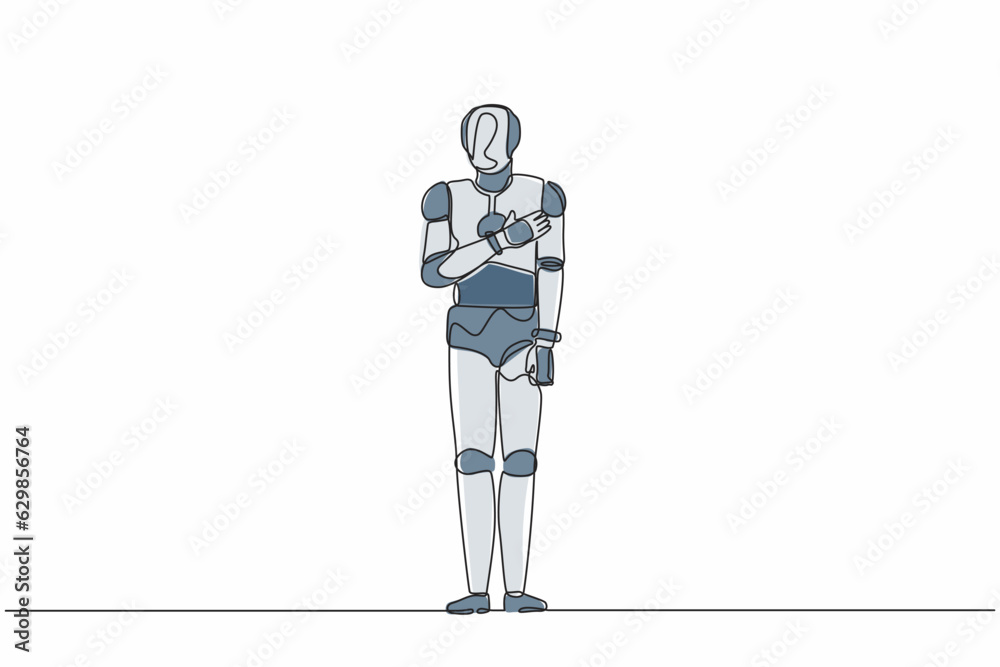 Poster single one line drawing robot keeping hands on chest. smiling friendly robot expressing gratitude. a