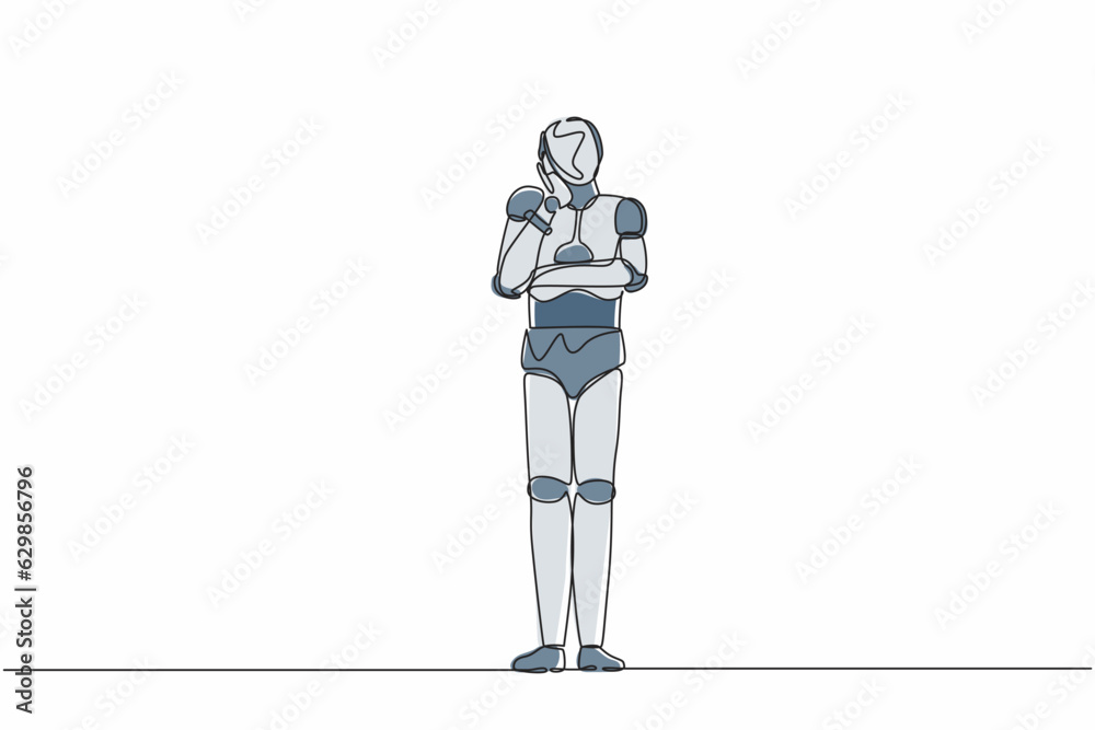 Poster single continuous line drawing robot bored or tired keeping hand on cheek. robot suffering from toot
