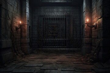 Dark dungeon with candles on the walls and bars on the door.