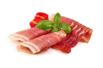 Slices of prosciutto di parma or jamon serrano, close-up, isolated on white background.