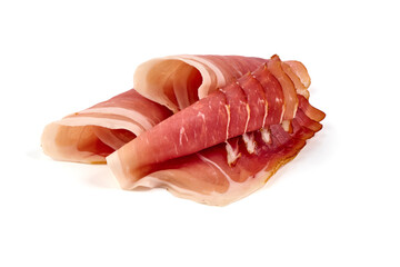 Slices of prosciutto di parma or jamon serrano, close-up, isolated on white background.