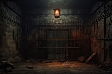 A dark room in prison with a single lantern hanging from the ceiling, casting eerie shadows on the walls.