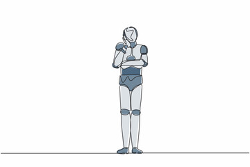 Single continuous line drawing robot bored or tired keeping hand on cheek. Robot suffering from toothache. Modern robotic artificial intelligence. One line draw graphic design vector illustration