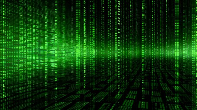 Abstract background matrix with a streaming flow of binary code in shades of green, classic "matrix" visual, high-tech atmosphere