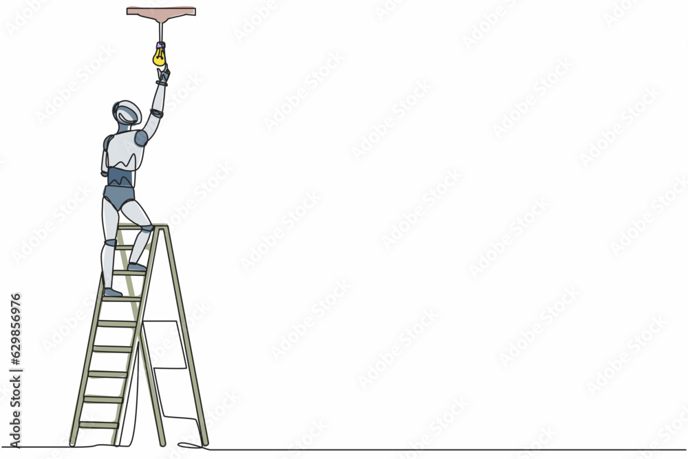 Poster single one line drawing robot worker electrician on ladder change light bulb. future technology deve