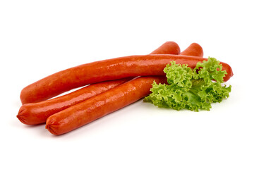 Smoked Hot dog sausages, isolated on white background. High resolution image.