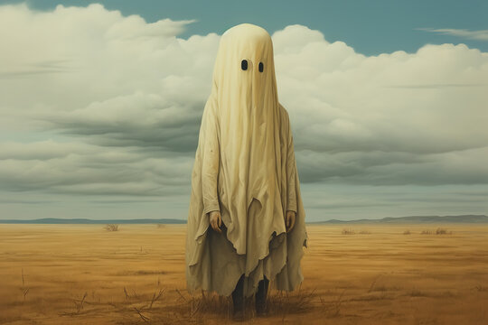 Horror surreal illustration, a lonely faceless man in a sheet mask standing in the steppe