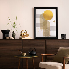 Interior design of harmonized living room with brown commode, design boucle armchair, coffee table, decoration, mock up poster frame and elegant personal accessories. Modern home decor. Template.