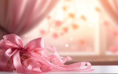 Pink ribbon breast cancer on pink background, World Breast Cancer Day, Ai