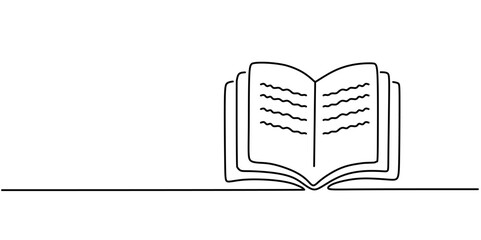 Continuous one line drawing open book. Vector illustration education supplies back to school theme.	
