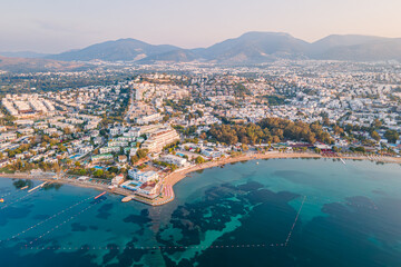 Fototapeta na wymiar Aerial view of Bodrum, city on the Bodrum Peninsula, Turkey southwest coast into the Aegean Sea