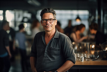 Fototapeta premium Portrait of a proud business owner in his business premises. Generative AI.