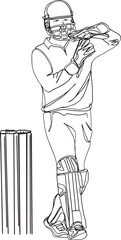 Wicket Keeper captain of cricket team challenge umpire decision and taking review from third umpire, one line continuous sketch drawing cartoon illustration of wicket keeper in action - obrazy, fototapety, plakaty