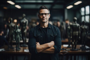 Fototapeta premium Portrait of a proud business owner in his business premises. Generative AI.