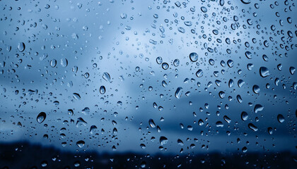 Water drops on a glass pane in front of dark rain clouds in blue color
